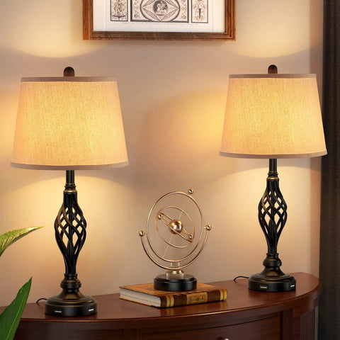 Vintage Table Lamps Set Of 2 With Dual USB Charging Ports, Farmhouse Nightstand Lights For Living Room And Bedroom