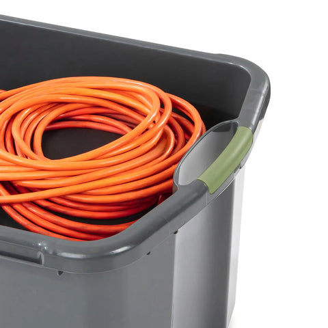 Heavy Duty 17.5 Gallon Plastic Storage Bin With Clear Lid And Full Length Through Wall Handles Gray Opaque Base Stacks Tight 70 Quart Tote For Blankets And Gear with orange cords inside.