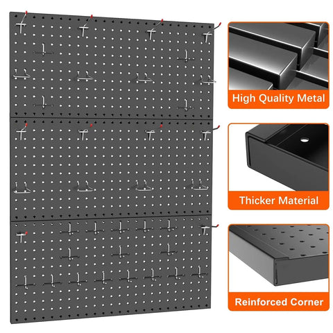 Heavy Duty Metal Pegboard Panels Pack Of 3 For Wall Mount Garage Tool Storage Black Finish Modular Pegboard Organizer