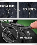 Grab and Go Zipper Repair Kit With Replacement Sliders fixing zipper on jacket and luggage in before and after view