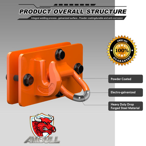 Two Pack Tractor Bucket Hooks With Tie Down Ring, Grade 70 Forged Steel Bolt On Grab Hook Tow Hook Mount With Backer Plate, Orange