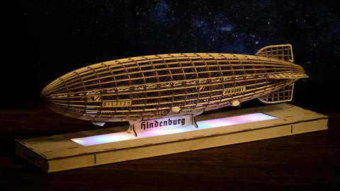 1:453 Scale Hindenburg Zeppelin Wooden 3D Puzzle Model With Wooden Light Box And Acrylic Dust Shield, 540mm Long Display