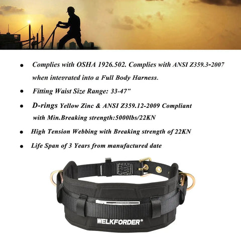 Tongue Buckle Body Belt With Hip Pad And Dual Side D Rings For Personal Fall Arrest, Restraint, And Work Positioning, shows belt details