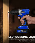 Hand holding Ultimate 20V Cordless Drill Set for Easy Home DIY and Beginner Projects - Lightweight Power Tool drilling wood.