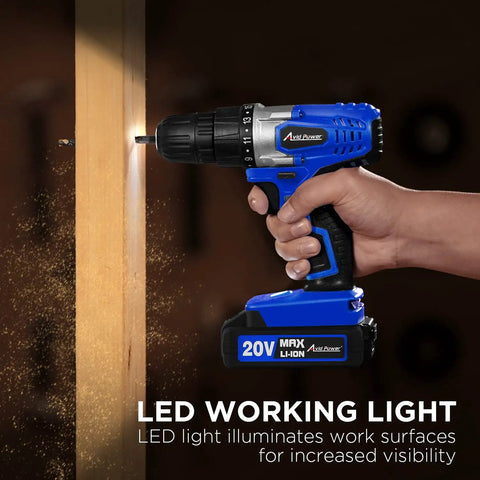 Hand holding Ultimate 20V Cordless Drill Set for Easy Home DIY and Beginner Projects - Lightweight Power Tool drilling wood.
