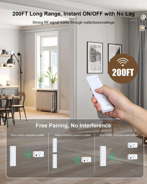 Person holding remote for Long Range Wireless Remote Outlet Kit With Five Outlets And Two Remotes, 200 Foot Range, in a modern room