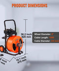 Tough As Nails Electric Drain Cleaner Automatic Feed Drives Steel Core Cable Through 1 To 4 Inch Pipes To Smash Nasty Clogs Packs 100 Foot Length dimensions with wheel and cable details