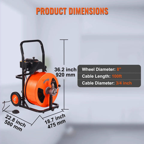 Tough As Nails Electric Drain Cleaner Automatic Feed Drives Steel Core Cable Through 1 To 4 Inch Pipes To Smash Nasty Clogs Packs 100 Foot Length dimensions with wheel and cable details