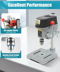 A Smooth Operator Benchtop Drill Press Designed to Handle Any Project Without Breaking a Sweat Delivers Up to 16000 RPM With Its 340 Watt Motor Featuring Three Adjustable Speeds and a Built Laser Sight for Spot On Accuracy showing all-copper motor and quality steel collet.
