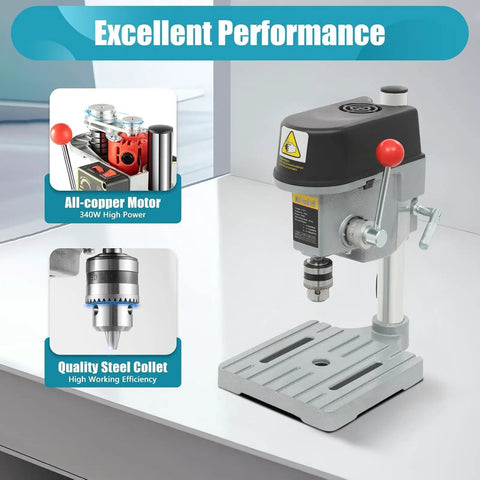 A Smooth Operator Benchtop Drill Press Designed to Handle Any Project Without Breaking a Sweat Delivers Up to 16000 RPM With Its 340 Watt Motor Featuring Three Adjustable Speeds and a Built Laser Sight for Spot On Accuracy showing all-copper motor and quality steel collet.