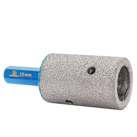 Close-up view of Diamond Finger Milling Bit 1 Inch For Porcelain Ceramic Granite And Marble Dry Core Drill Bit With Hex Shank Grit 50 to 60 65mm Total Length Perfect For Enlarging And Shaping Existing Holes showing hex shank and diamond coating.