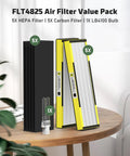 5 Pack True HEPA Filter B Replacement And One Replacement Bulb For Purifier Models AC4825 AC4300 AC4800 AC4900 AC4850 AP2200CA Improves Indoor Air Quality Easy Home Filtration Upgrade shown on wooden table with green plants