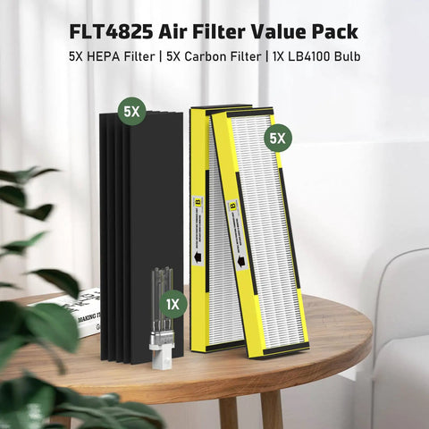5 Pack True HEPA Filter B Replacement And One Replacement Bulb For Purifier Models AC4825 AC4300 AC4800 AC4900 AC4850 AP2200CA Improves Indoor Air Quality Easy Home Filtration Upgrade shown on wooden table with green plants