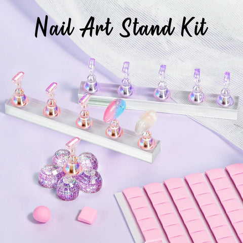 Holographic Nail Stand Kit For Press On Nails With Magnetic Holder, 1 Flower Base, 2 Long Bases, Gel Curing Ready displayed