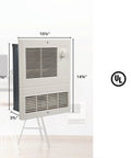 High Capacity Wall Heater With White Grille, 1000 Watts, 120 And 240 Volt, dimensions labeled, UL listed, wall mount design