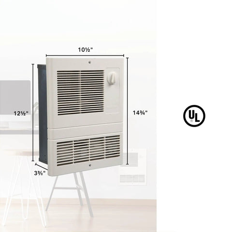 High Capacity Wall Heater With White Grille, 1000 Watts, 120 And 240 Volt, dimensions labeled, UL listed, wall mount design