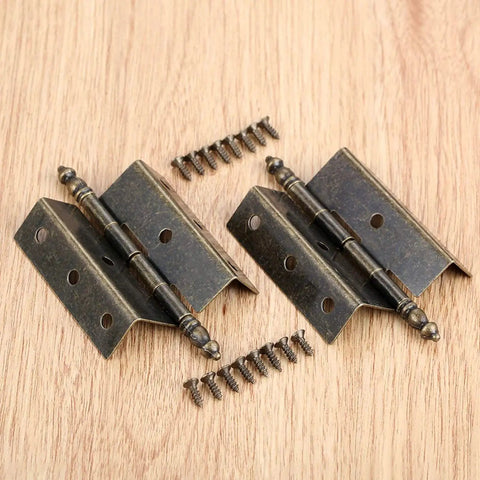 Antique Bronze Hinges Set For Wood Boxes And Cabinets, Vintage Style Door Hardware With 16 Screws, 8 Hole Crown Design