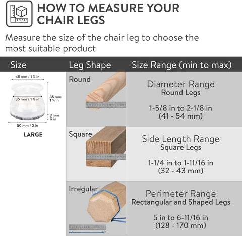 Guide on measuring chair leg size and shape for clear chair leg floor protectors 16 piece set with felt bottom silicone pads.
