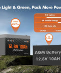 Comparison of 12V 10Ah LiFePO4 Battery With Built-In 10A BMS and AGM battery, highlighting weight and energy efficiency.