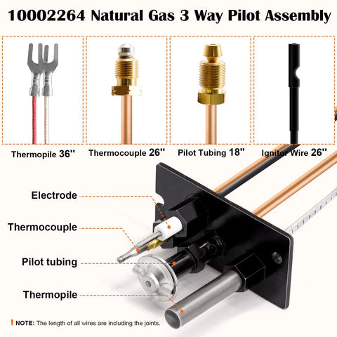 Installed Hiorucet 10002264 natural gas 3-way fireplace pilot assembly with thermocouple and thermopile.