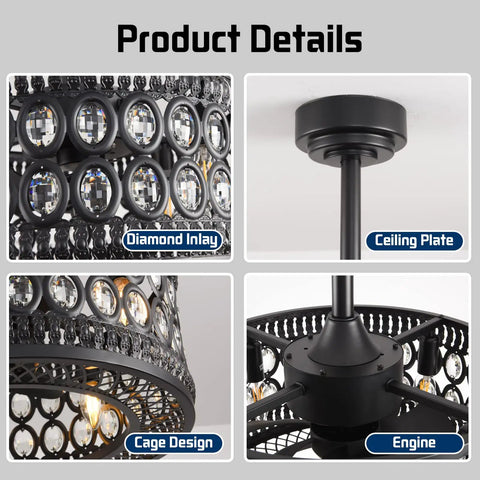 Dope Crystal Ceiling Fan With Lights Remote Control 6 Speeds Reversible Quiet Motor Black Finish details and engine