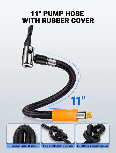 LUMITECO tire inflator hose adapter with 11-inch lock-on hose and 360-degree swivel air chuck, Schrader valve adapter