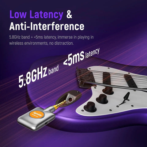 5.8GHz Wireless Guitar System With 24Bit 96KHz Audio Ultra Low 5ms Latency 100ft Range plugged into electric guitar