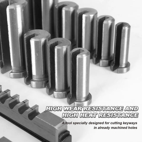 Pro Grade Keyway Broach Kit For Metalworking And Manufacturing, Rectangular Broaching Set with several metal broaches displayed