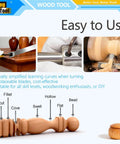 Easy to use guide for Six Piece Pro Grade Carbide Tipped Wood Turning Tool Set with diagrams of cuts and tool examples.