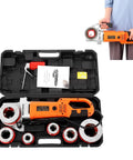 Heavy Duty 2300W Electric Pipe Threader With Six Dies And Carrying Case shown with attachments and user demonstration.