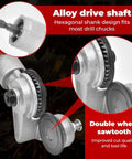Close-up of Drill Nibbler Attachment For Sheet Metal Cutting with alloy drive shaft and double wheel sawtooth design.