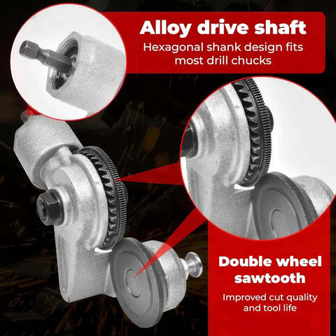 Close-up of Drill Nibbler Attachment For Sheet Metal Cutting with alloy drive shaft and double wheel sawtooth design.