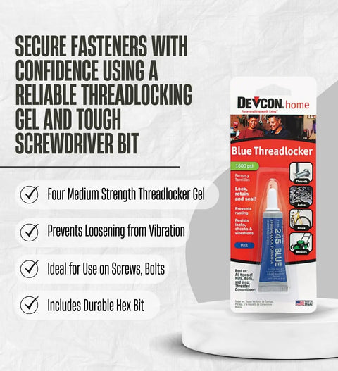 Must Have Medium Strength Thread Locker Gel Bundle With Blu Mol Xtreme Screwdriver Bit in packaging displayed.