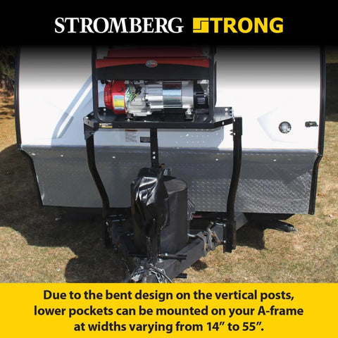 A Frame Trailer Tray Mount For RVs with generator setup, front cargo carrier, black finish.