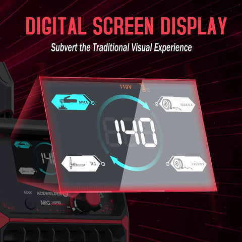 Digital screen display of 3 In 1 Flux Core Mig Welder 140A Portable 110V Inverter With Mig Lift Tig And Stick Welding Synergic Control LED