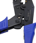 Heavy Duty Adjustable Ratchet Wire Crimping Pliers For Heat Shrink Connectors Auto Repair 0.25 To 6 Sq Mm Range showing blue grip and jaws.