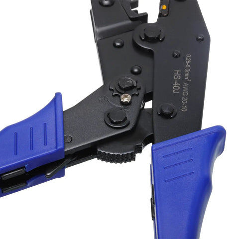 Heavy Duty Adjustable Ratchet Wire Crimping Pliers For Heat Shrink Connectors Auto Repair 0.25 To 6 Sq Mm Range showing blue grip and jaws.