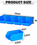 Wall Mounted Storage Bins Kit With 16 Plastic Bins And 4 Rails For Your Garage Tools Keeps Screws Nuts Bolts Nails And Small Hardware Sorted And Easy To Reach Heavy Duty Hanging Organizer System In Bright Blue. Front view with one bin dimension details.