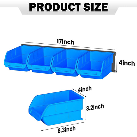 Wall Mounted Storage Bins Kit With 16 Plastic Bins And 4 Rails For Your Garage Tools Keeps Screws Nuts Bolts Nails And Small Hardware Sorted And Easy To Reach Heavy Duty Hanging Organizer System In Bright Blue. Front view with one bin dimension details.