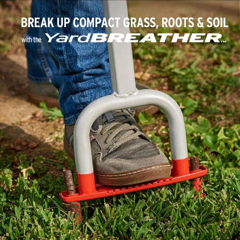 Person using Yardbreather Manual Core Lawn Aerator With Heat Treated Steel Footplate And Spikes on grass