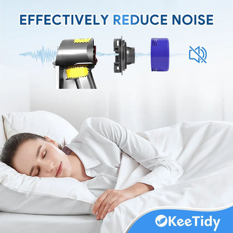 HEPA Filter Replacement and Motor Cover for Dyson V8 V7 Motorhead Cordless Vacuums quiet upgrade kit next to sleeping woman