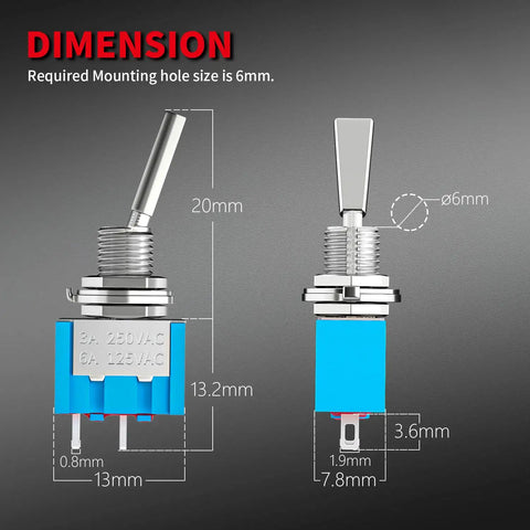 Dimensions of Mini SPST Toggle Switch On Off 2 Position Slick Flat Micro Toggle, 6mm mount, with size specifications.