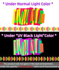 60 Feet UV Neon Streamers Glow Garland Kit For Parties And Events Hanging Blacklight Reactive Decor Glow In The Dark Neon Theme Supplies Ideal For Birthday Weddings 6 Pieces Of Luminous Neon Garlands Lit, showing normal and UV blacklight effects.