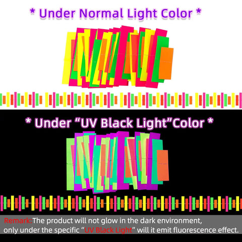 60 Feet UV Neon Streamers Glow Garland Kit For Parties And Events Hanging Blacklight Reactive Decor Glow In The Dark Neon Theme Supplies Ideal For Birthday Weddings 6 Pieces Of Luminous Neon Garlands Lit, showing normal and UV blacklight effects.