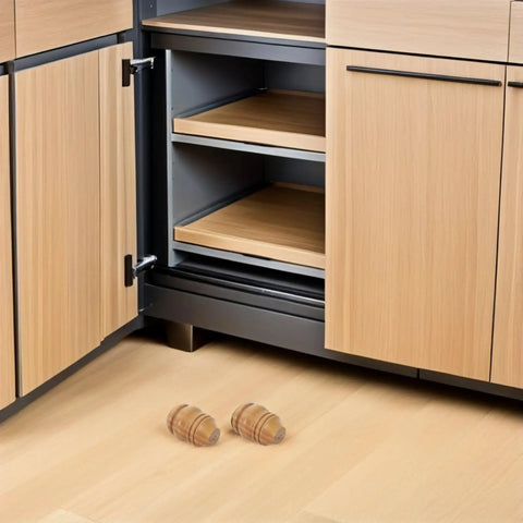 Four Pack Rubber Wood Furniture Leg Replacements For Sofas And Cabinets, Gourd Shaped Heavy Duty Wood Legs next to open cabinet