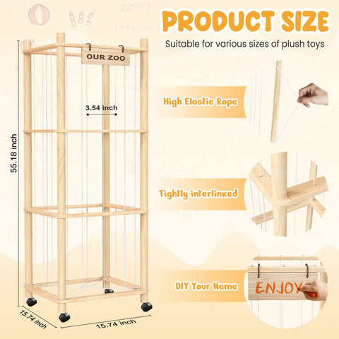 Extra Large Stuffed Animal Zoo Organizer With Wheels, wooden frame showing dimensions and elastic rope details.