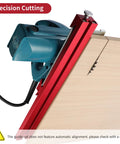 Dead On Adjustable Circular Saw Guide Rail For Slick Straight Cuts Compatible With Saw Bases Up To 13 Inches shown cutting wood.