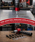 Electric Rivet Gun Adapter Kit For Cordless Drills in use with nuts and spanner, showing quick-change nutsert tool attachment.