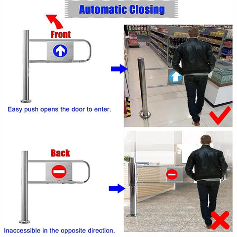 Rock Solid Spring Loaded Swing Gate Featuring No Fuss Self Closing Mechanism And Heavy Duty Metal Barricade Panel showing front and back accessibility.