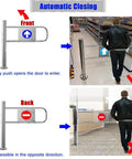 No Fuss Spring Loaded Safety Swing Gate With Smooth Self Closing Action shows front and back views with operational instructions.